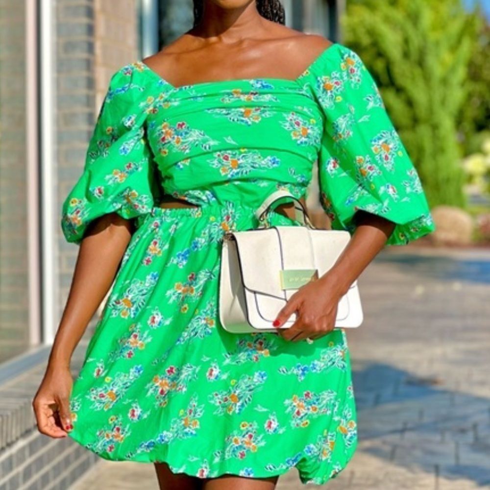 A New Day Green Floral Puff Sleeve Cut Out Bubble Dress Size Small